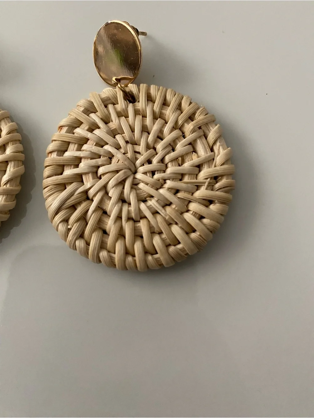 Woven Round Drop Earrings in Natural Straw with Gold Accents